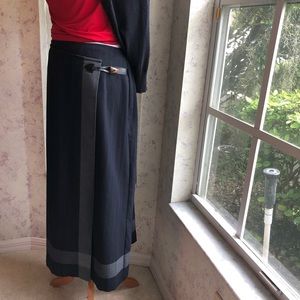 Black faux wrap skirt with pinstripes